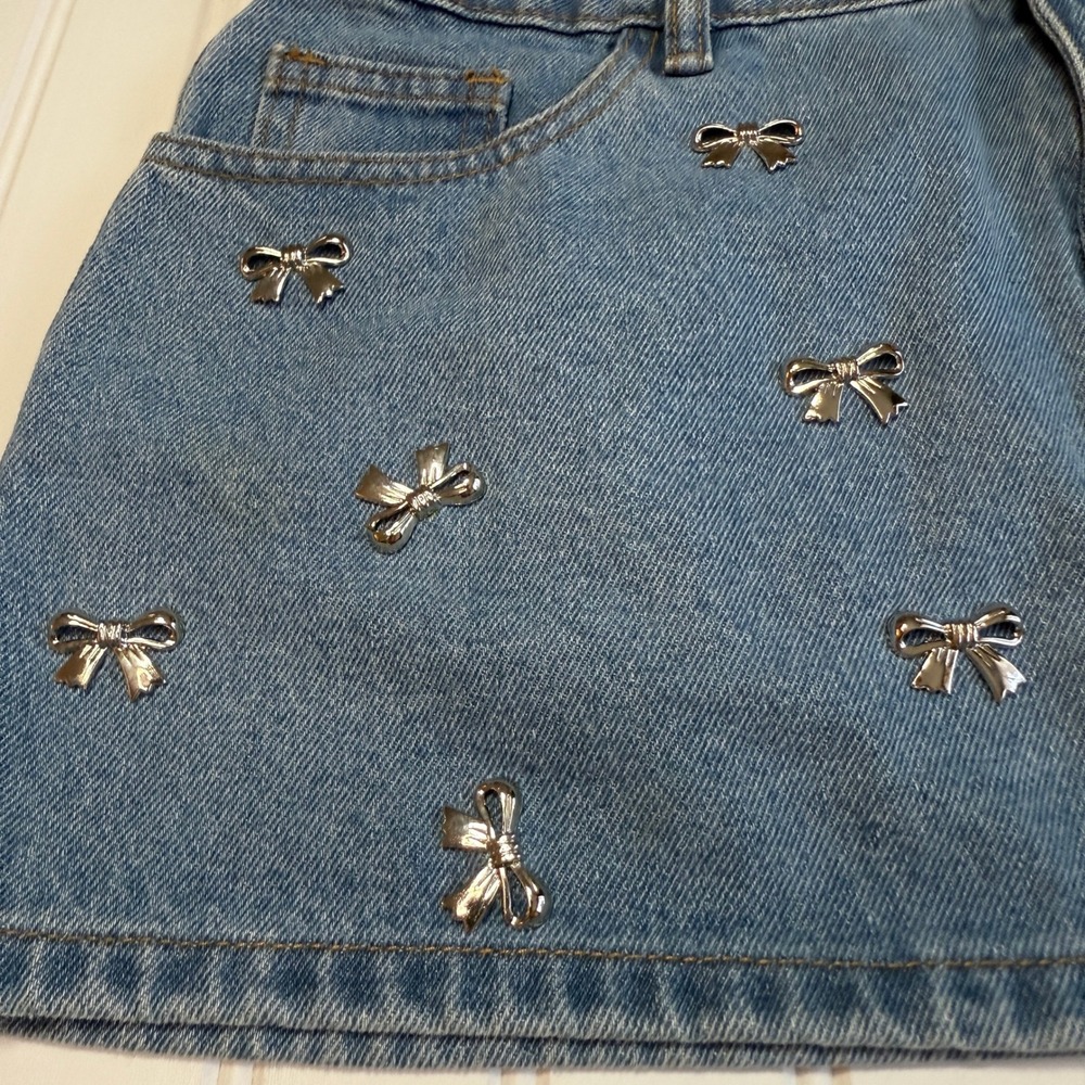Edikted Elysse Embellished Denim Mini Skirt Y2K 00s Style Silver Bows M - Picture 3 of 9